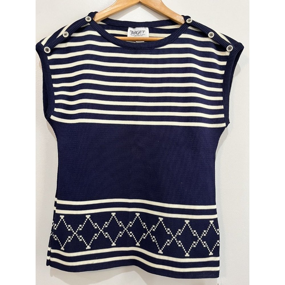 Vintage 70's NWTs Women's Sleeveless Navy and White Sweater USA Made Size 12